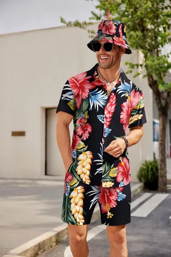 Vista 2 de COOFANDY Conjunto de camisa hawaiana y pantalón corto para hombre, traje de playa de 2 piezas con sombreros de pescador