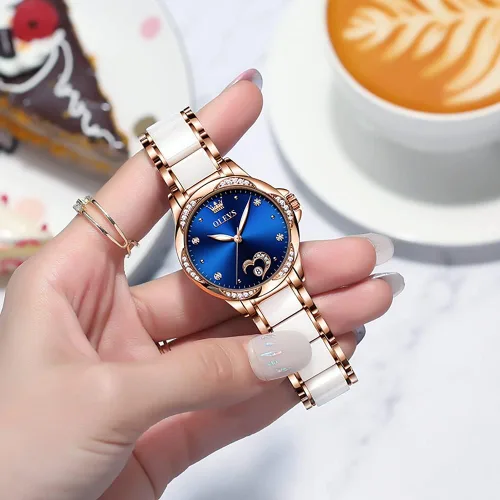 Vista 2 de OLEVS Relojes automáticos para mujer, mecánico, esfera de corazón, esfera de corazón, oro rosa, banda de cerámica, impermeable, luminoso, fecha