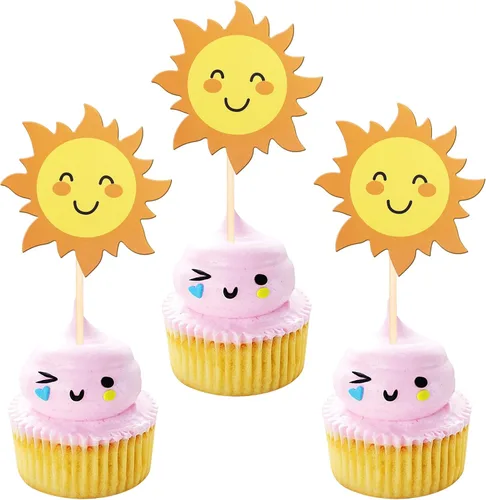 Vista 8 de 36 piezas de decoración para cupcakes de sol de doble cara con diseño de flores y sonrisas, decoración de cupcakes SunShine para temática de sol