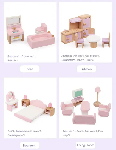 Vista 4 de 22 piezas de muebles de casa de muñecas de madera, accesorios de muebles de madera a escala 1:12, muebles de muñeca para muñeca, sala de estar