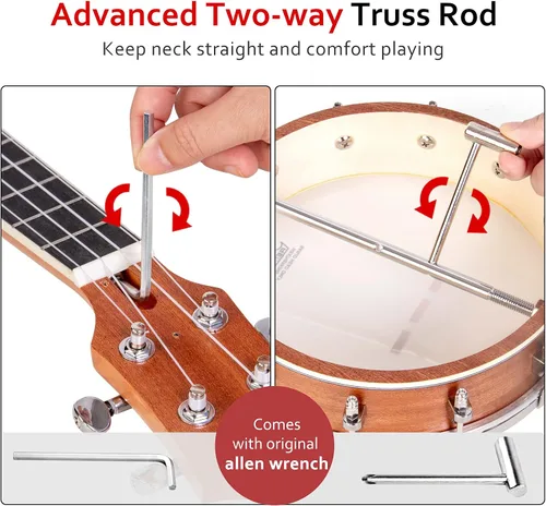 Vista 4 de Banjolele, Sapele Travel Banjolele 26 pulgadas 4 cuerdas lotmusic Remo Drumhead espalda abierta con kit para principiantes cuerda extra Allen Wrench
