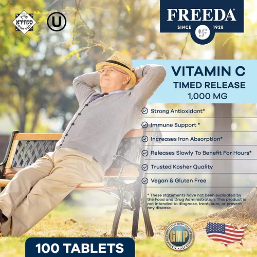 Vista 2 de FREEDA Vitamina C de liberación temporal de 1000 mg, liberación lenta para apoyo inmunológico y antioxidante durante todo el día, suave