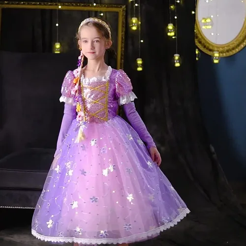 Vista 7 de TPMG Disfraz de princesa Rapunzel para niñas de 3 a 10 años, ropa de disfraces de Halloween para niños, juego de simulación, cumpleaños