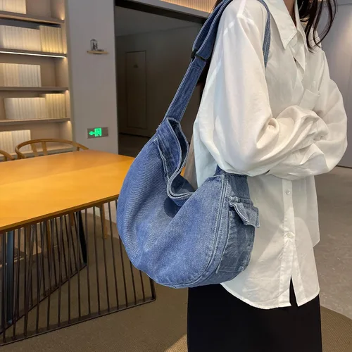 Vista 7 de Bolso bandolera de mezclilla, bolso cruzado grande tipo hobo, bolso de hombro casual, bolso de mano de jean para mujeres y hombres