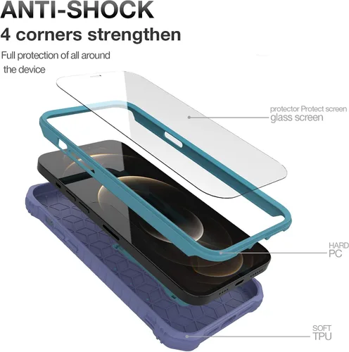 Vista 2 de Funda para Apple iPhone 12, protección de grado militar, a prueba de golpes, con protector de pantalla HD de vidrio templado y soporte compatible