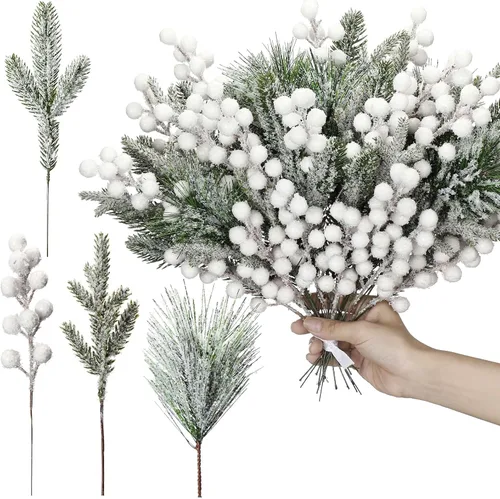 Vista 7 de Lyrow 80 piezas de ramas de pino nevado artificiales para Navidad, tallos de bayas artificiales, sprays, ramas de pino de cedro falso, agujas de Rojo