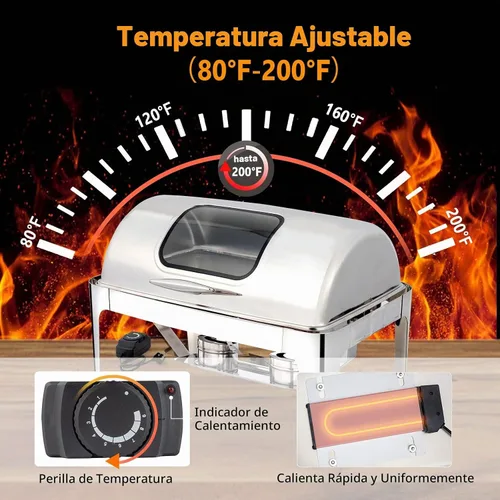 Vista 4 de ROVSUN Juego de bufé de acero inoxidable de 9 cuartos de galón con calefacción eléctrica y de combustible, servidor de catering con tapa enrollable