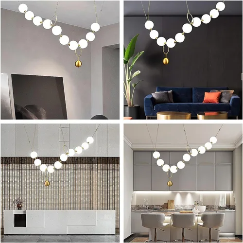 Vista 5 de Postmodern - Collar de perlas con bola de cristal, 10 luces; lámpara de araña de burbujas de bola de vidrio blanco leche, luz LED ajustable