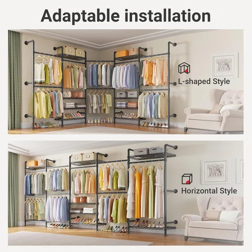 Vista 3 de Timate F5 Perchero de ropa expandible montado en la pared con 8 estantes ajustables y 4 varillas colgantes expandibles, perchero de ropa de tubería
