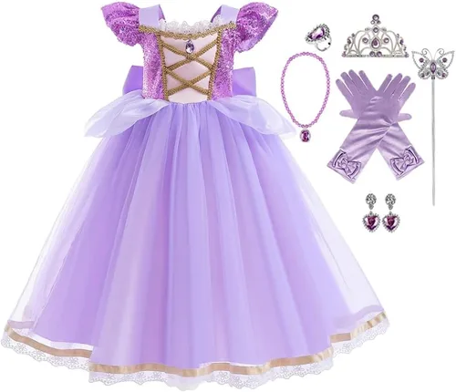 Vista 7 de Disfraz de princesa Sofía Rapunzel para niñas, disfraz de Halloween, Navidad, cumpleaños, fiesta con accesorios