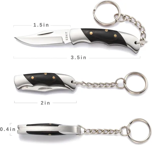 Vista 2 de Cuchillo de bolsillo pequeño, cuchillo EDC con mango de acero inoxidable y madera, pequeño cuchillo plegable, longitud de la hoja 1.5 pulgadas