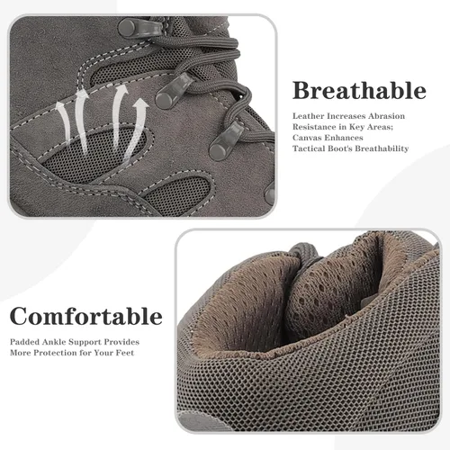 Vista 4 de Botas tácticas militares para hombre, transpirables, cómodas, duraderas, antideslizantes, para combate, seguridad Gris