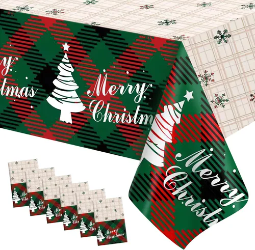 Vista 13 de Mantel de Navidad, 2 piezas de mantel de Navidad desechable para mesa rectangular, 54" x 108" de plástico con diseño de copo de nieve, árbol