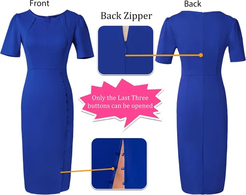 Vista 5 de VFSHOW Vestido midi plisado con cuello en V y muesca para mujer, con botones divididos, para el trabajo, oficina, negocios, ajustado, tubo
