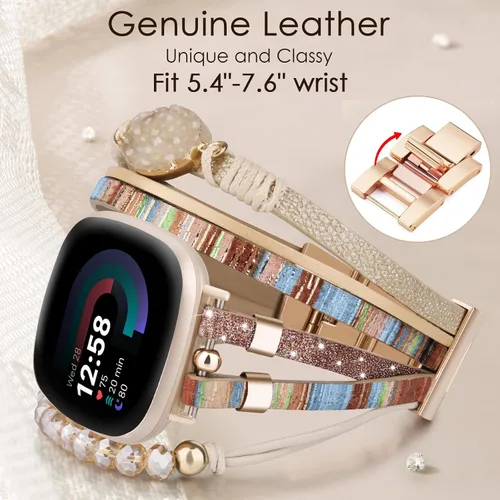 Vista 3 de VISOOM Pulsera bohemia con cuentas compatible con Fitbit Versa 2/Fitbit Versa/Versa Lite, correas de cuero a la moda, linda, hecha a mano, multicapa