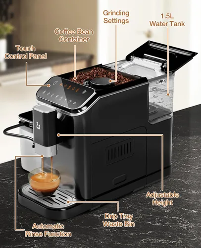 Vista 9 de GarveeTech Máquina de café expreso totalmente automática, máquina de café y café con espumador de leche automático, molinillo de granos espresso