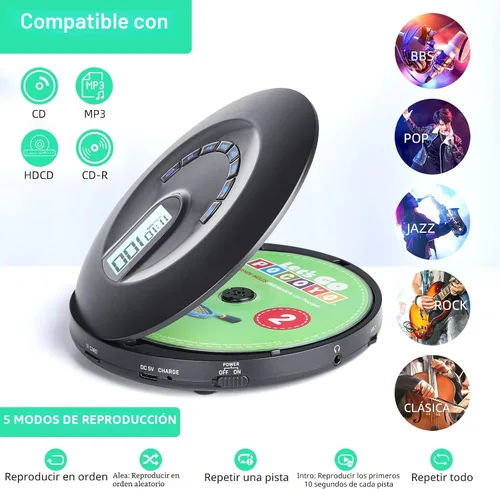 Vista 5 de Reproductor de CD portátil, reproductor de CD portátil recargable para coche y viajes, pequeño reproductor de CD con auriculares y antisaltos y a