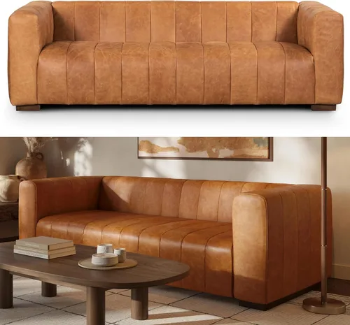 Vista 9 de POLY & BARK Mateo 82” Sofá – Cuero italiano de grano completo y acabado de anilina en color chocolate marrón, cojines de plumón, estructura