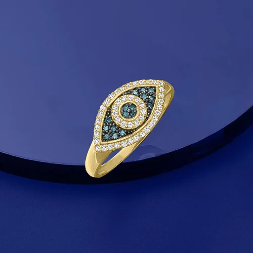 Vista 4 de Ross-Simons 0.30 ct. t.w. Blue and White Diamond Evil Eye Ring in 14kt Yellow Gold
