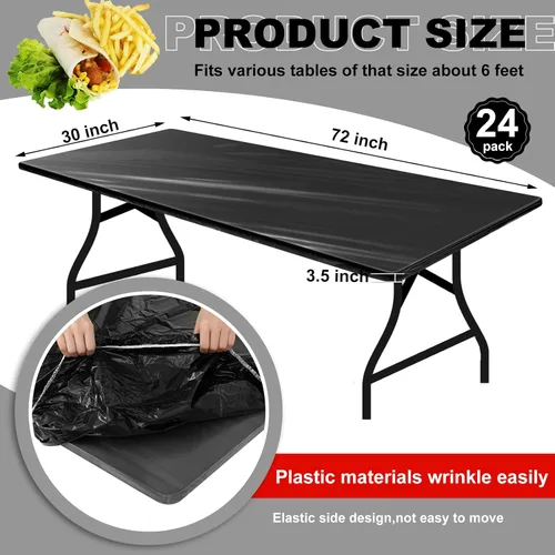 Vista 2 de Boao 24 manteles rectangulares de plástico negro, 6 pies, 72 x 30 pulgadas, resistentes al viento, impermeables, de ajuste elástico, desechables