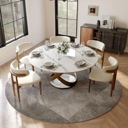 Vista 14 de POVISON Juego de 4 sillas de comedor redondas de lino y algodón con mesa de comedor de vidrio (mesa de comedor de 51 pulgadas + 4 sillas)