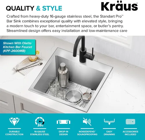 Vista 4 de Kraus Standart PRO - Fregadero de cocina de acero inoxidable de calibre 16 con tazón individual para bar, montaje superior/inferior de 18 pulgadas