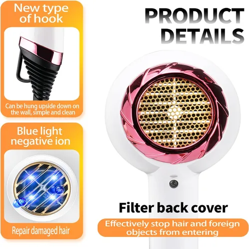 Vista 4 de 【Pantalla inteligente】Secador de pelo profesional 2000 iónico de alta potencia con motor de CA de secado rápido para cabello grueso 4C con accesorio