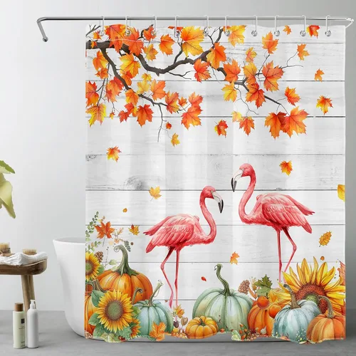 Vista 8 de HVEST Cortina de ducha con ganchos, calabaza espeluznante y fantasma con sombrero de bruja negro, juego de cortina de ducha naranja con flores