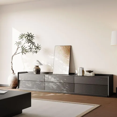 Vista 13 de POVISON Soporte de TV moderno de mediados de siglo totalmente ensamblado con luces LED ajustables, consola multimedia de madera, centro