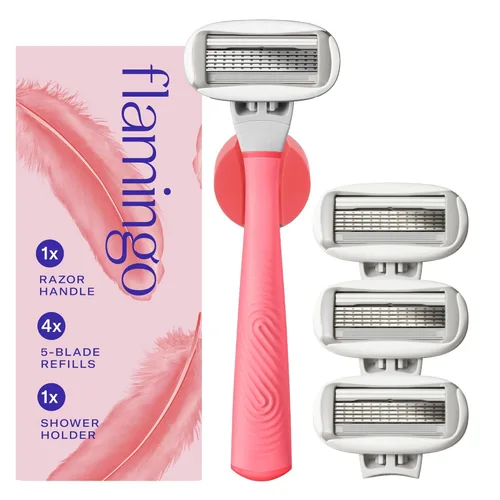 Vista 12 de Flamingo Juego de maquinilla de afeitar para mujer, mango de afeitar, 4 recambios de cuchillas de afeitar, soporte de ducha, cromado