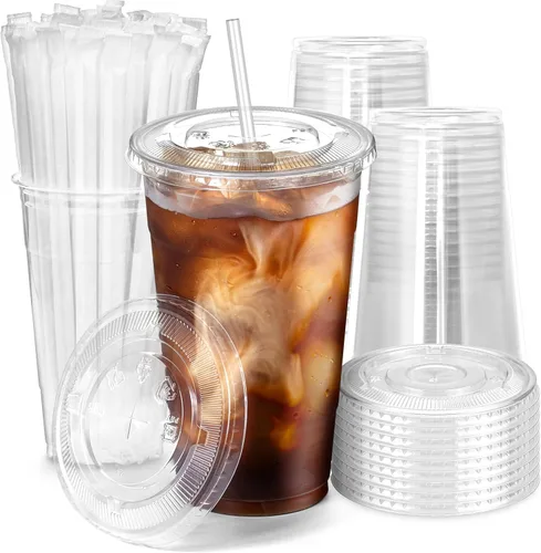 Vista 16 de Fit Meal Prep Paquete de 100 Vasos de Plástico para Café Helado de 16 oz con Tapas Planas y Pajitas Transparentes, Vaso Transparente Desechable