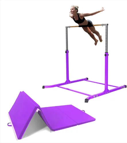 Vista 5 de Juego de barra de gimnasia expandible con barra de equilibrio, alfombrilla de 6 x 4 pies para niños, barra horizontal para entrenamiento de gimnasia
