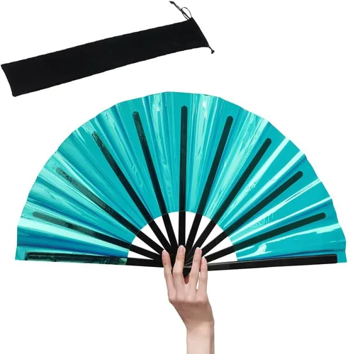 Vista 17 de HeyToo Ventilador de mano plegable grande y brillante para fiesta, club nocturno, festival, Halloween, accesorios de traje de 13 pulgadas, azul