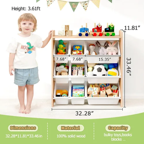 Vista 3 de MallBest Organizador de juguetes para niños con 9 contenedores – Estante de almacenamiento de 4 niveles 100% madera maciza para sala