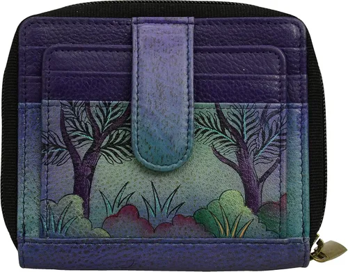 Vista 2 de Anna by Anuschka Cartera organizadora con cremallera de cuero genuino pintada a mano para mujer - familia elefante, Familia de elefantes, Cartera