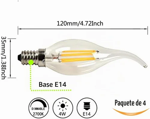 Vista 2 de Bombilla LED regulable de 4 W (paquete de 4) – Base E14 Bombilla de candelabro antiguo equivalente a 40 W, blanco cálido 2700 K, punta doblada