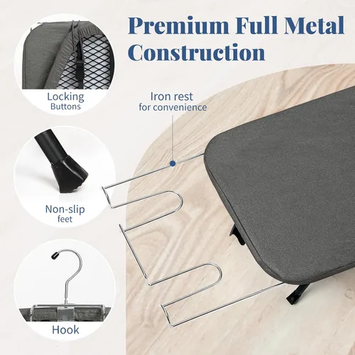 Vista 3 de Tabla de Planchar Pequeña Plegable, BlissBoard Tabla de Planchar de Mesa con Cubierta y Almohadilla, Marco de Metal Mesa de Planchar Mini de Negro