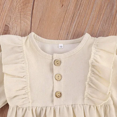Vista 5 de Ropa de bebé niña sólida con volantes de manga larga mameluco de una pieza para otoño e invierno