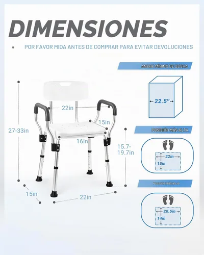 Vista 3 de Sangohe Silla de ducha, asiento de ducha resistente con respaldo, brazos, altura ajustable, ideal para bañera, discapacitados, ancianos, 796C