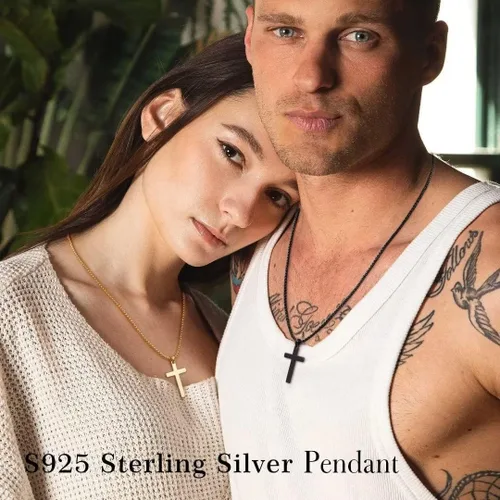 Vista 3 de Ursteel 925 Sterling Silver Cross Pendant Cross Necklace for Men, Mens Cross Necklace 18K Gold Black Silver Chain Necklace for Men Women Girls 16 18