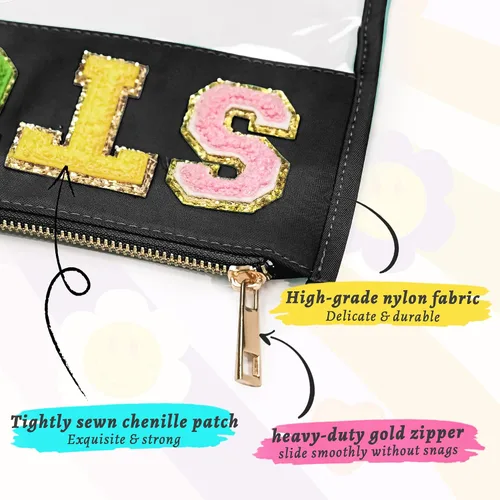 Vista 2 de Bolsa con letras de chenilla para viajes, B - Negro, Bolsa de maquillaje transparente B