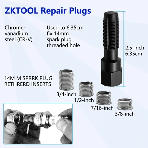 Vista 2 de ZKTOOL Kit de reparación de rosca de bujías de 14 mm, kit de reparación de cabeza de cilindro roscada, herramienta de reparación de rosca
