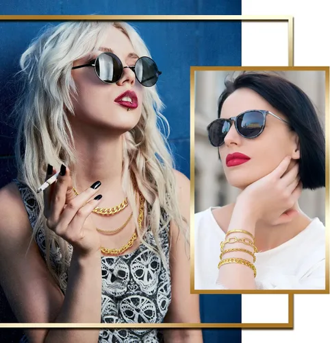 Vista 6 de Glenmal 7 Pcs Chain Necklace Bracelet Sets 90s Jewelry for Women Girls 80s 90s Hip Hop Layered Plated Dainty Chain Necklace Bracelet Set