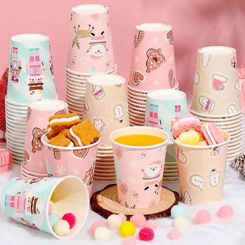 Vista 5 de Maxcheck 100 Piezas Vasos de Papel Rosa de Navidad de 9 onzas, Desechables, Copos de Nieve Rosa Alce, Tazas de Café de Navidad, Bebidas Calientes
