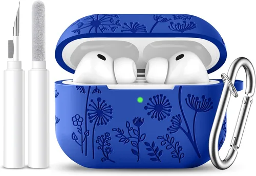 Vista 27 de Lerobo Funda para AirPods 5/4, funda de silicona suave grabada con flores A-Negro