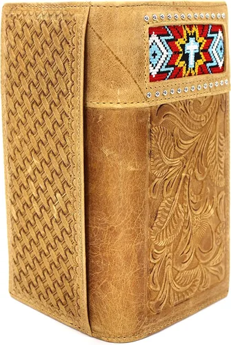 Vista 2 de West Star Texas Cartera de chequera plegable con pelo de vaca o cartera de tela bordada, 0205 Bordado Marrón