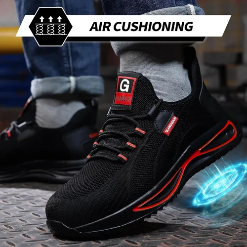 Vista 5 de GLANOUDUN Zapatos de punta de acero para hombre, zapatos de trabajo ligeros para hombres, zapatos de trabajo negros con punta de acero, zapatos