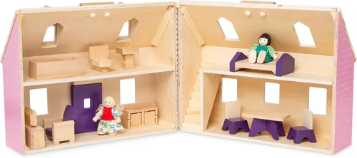 Vista 4 de Casa de muñecas de madera Fold and Go de Melissa & Doug con 2 muñecas y muebles de madera