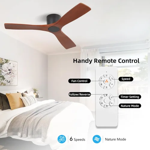 Vista 2 de WINGBO - Ventilador de techo de montaje empotrado de 48 pulgadas, con motor CC silencioso y reversible de 6 velocidades, 3 aspas de madera tallada