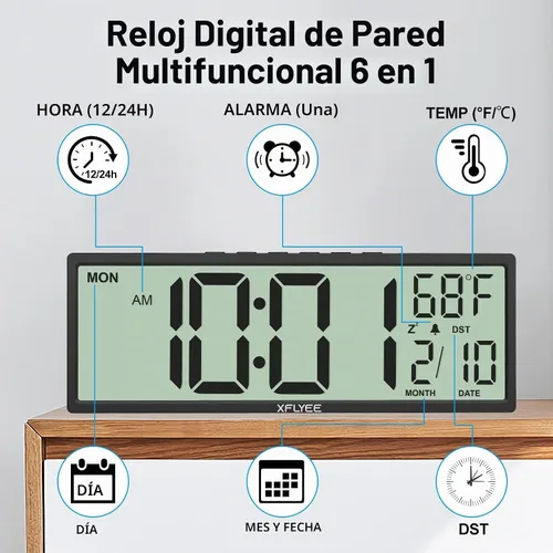 Vista 7 de Reloj de pared digital grande de 14.5 pulgadas, funciona con pilas con números gigantes, DST automático, día, fecha, alarma, temperatura para sala